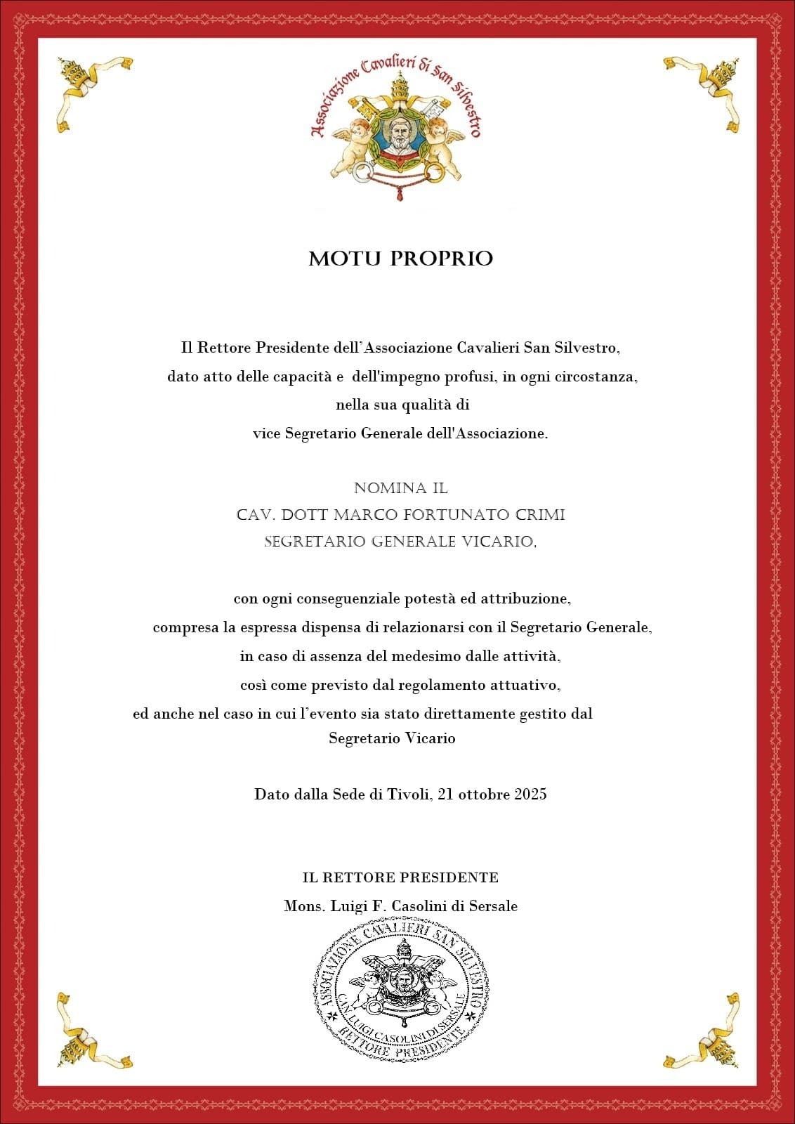 Al momento stai visualizzando Nomina  segretario generale vicario